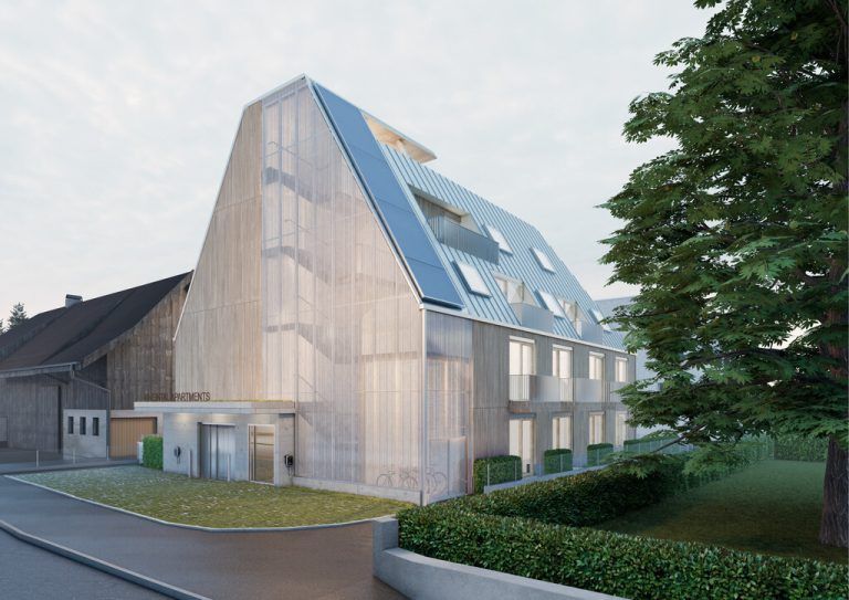 Visualisierung des Gebäudes der „Rheintal Apartments“.⇒snow architektur