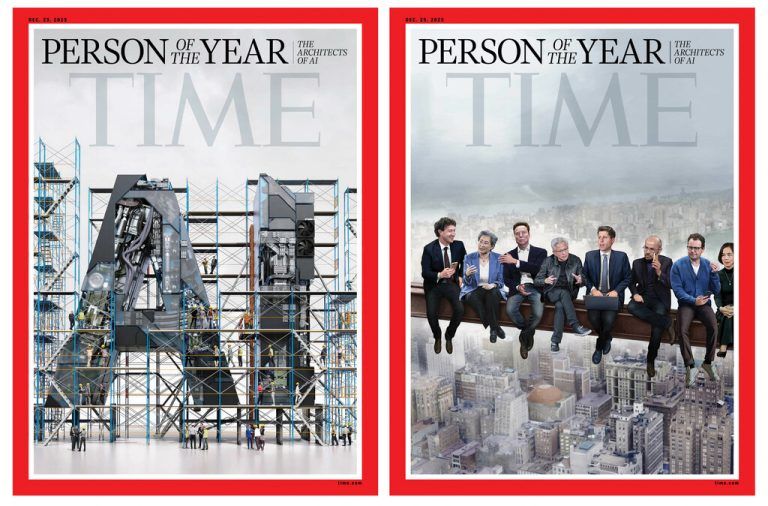 Eines der „Time“-Titelbilder erinnert an das Foto „Mittagspause auf einem Wolkenkratzer“ aus den 1930er-Jahren ⇒⇒AFP PHOTO / TIME magazinbe