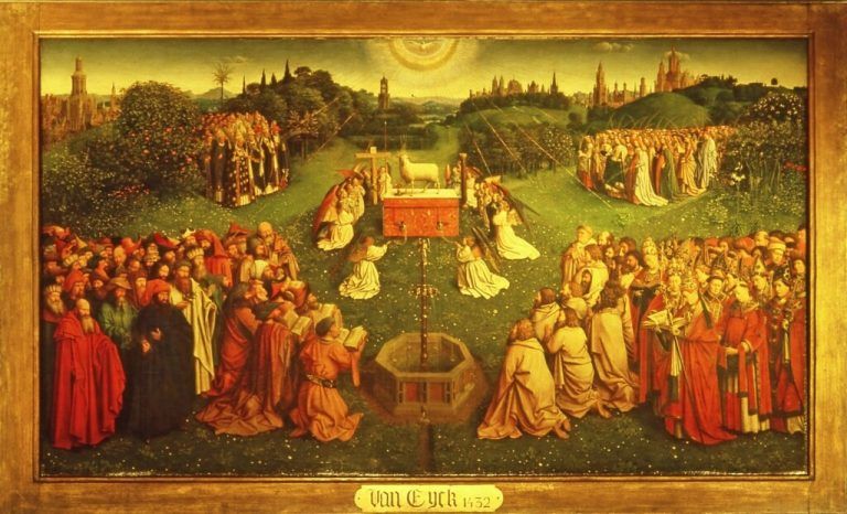 „Lamm Gottes“: Detail aus dem Genter Altar von Jan van Eyck in der St.-Bavo-Kathedrale in Gent. ⇒Shutterstock