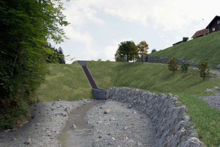 So soll der fertige Hochwasserschutz in der Örflaschlucht aussehen, auf den Bürgermeister Böhmwalder große Stücke hält.⇒mg götzis/anmiations and more, hartinger