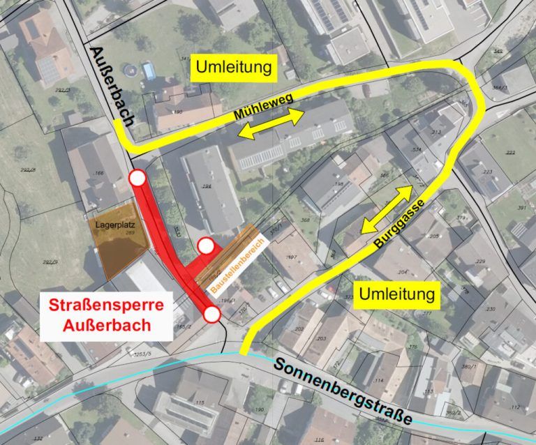 Die Umleitung erfolgt über die Burggasse und den Mühleweg.⇒Gemeinde nüziders