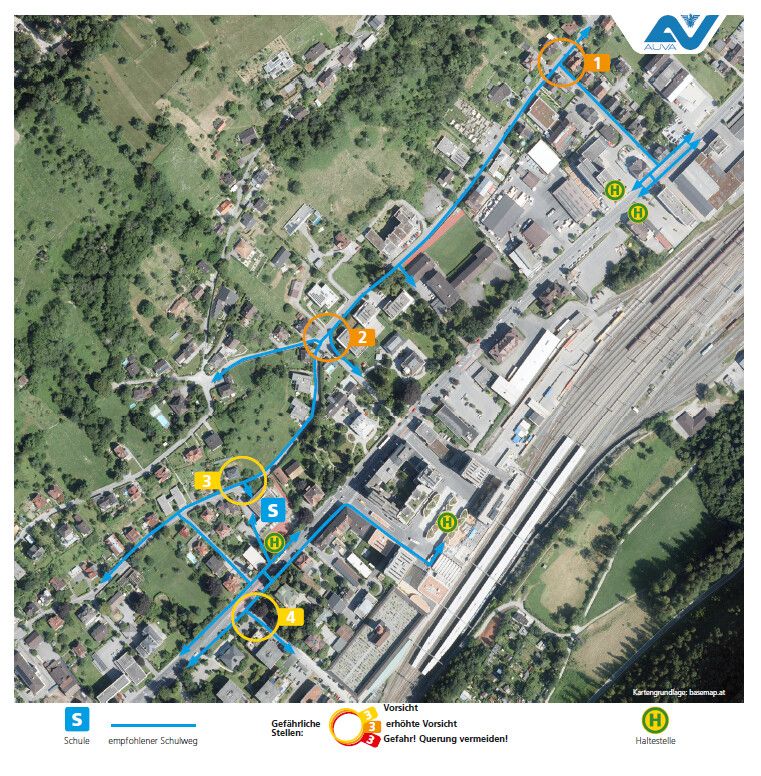 In den Schulwegplänen sind potenzielle Gefahrenzonen sowie Bus­haltestellen eingezeichnet.⇒AUVA