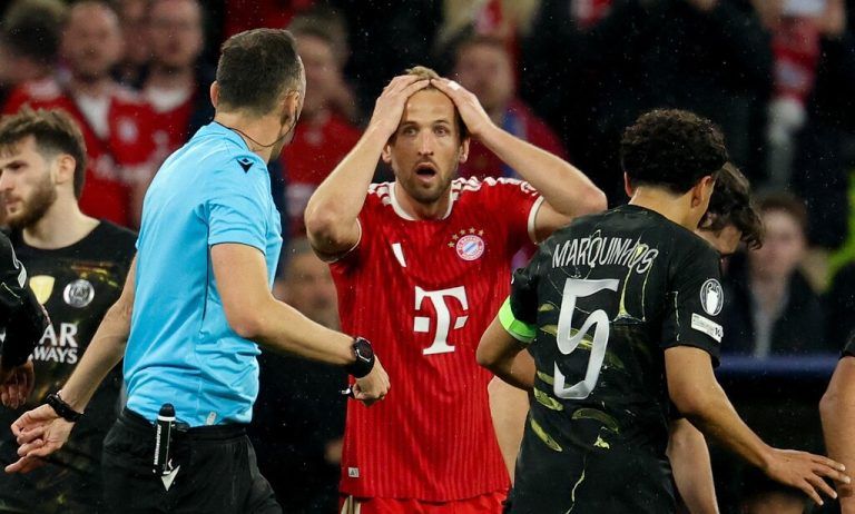 Bayern-Superstar Harry Kane war im Halbfinal-Rückspiel gegen Paris St. Germain fassungslos über die Entscheidungen von Schiedsrichter João Pinheiro. ⇒AFP