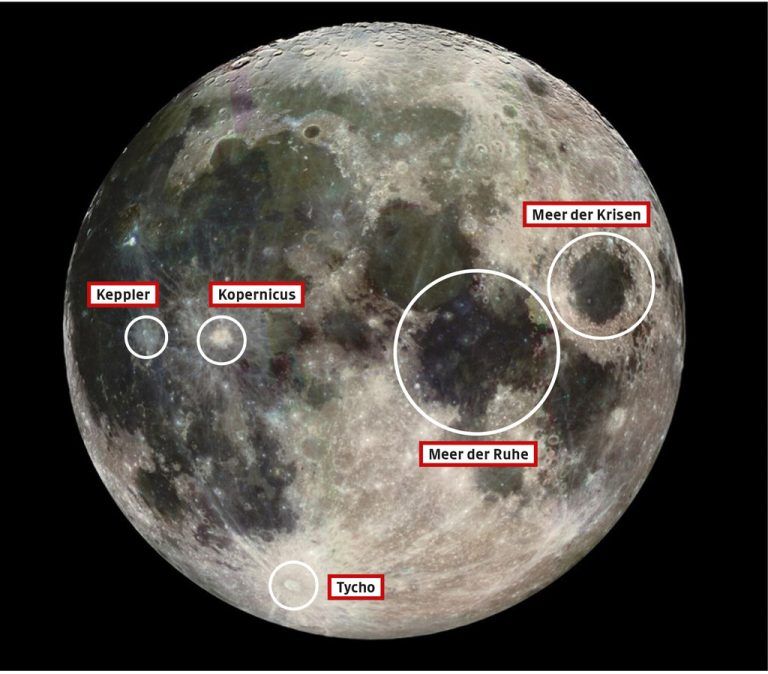 Der Vollmond mit den Kratern Kepler, Kopernikus und Tycho sowie dem Meer der Ruhe und dem Meer der Krisen. NASA/JPL/USGS