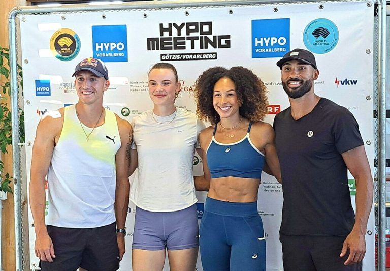 Simon Ehammer (SUI), Sofie Dokter (NED), Taliyah Brooks (USA) und Damian Warner (CAN) (v.l.) im Rahmen der Pressekonferenz zum Mehrkampfmeeting im Möslestadion. ⇒APA
